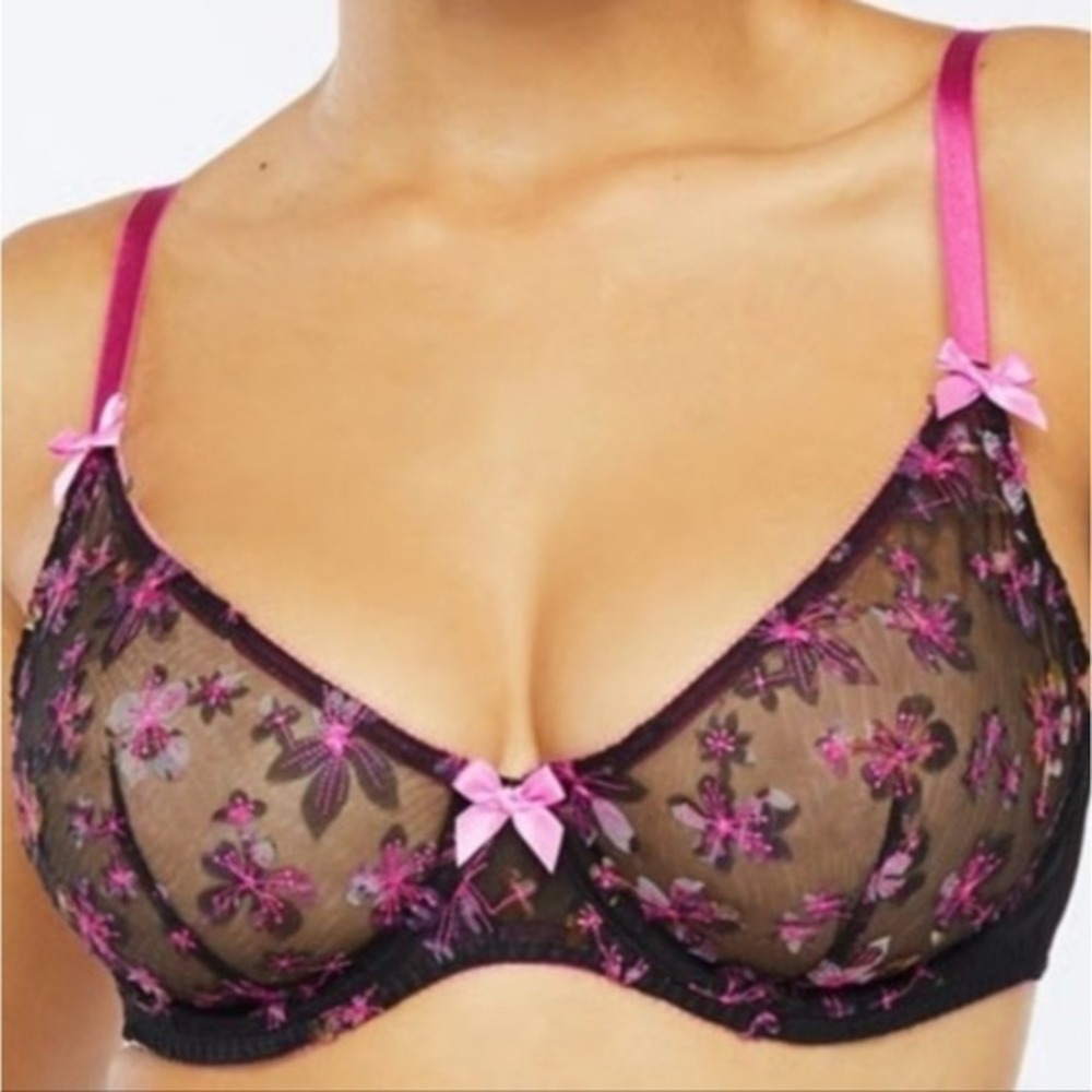 Savage X Fenty Semi Sheer 3D Floral‎ Underwire Pink And Black Bra